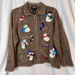 Studio Joy 90s Snowman Winter Zip Up‎ Sweater Brown Knit Embroidered Size P XL